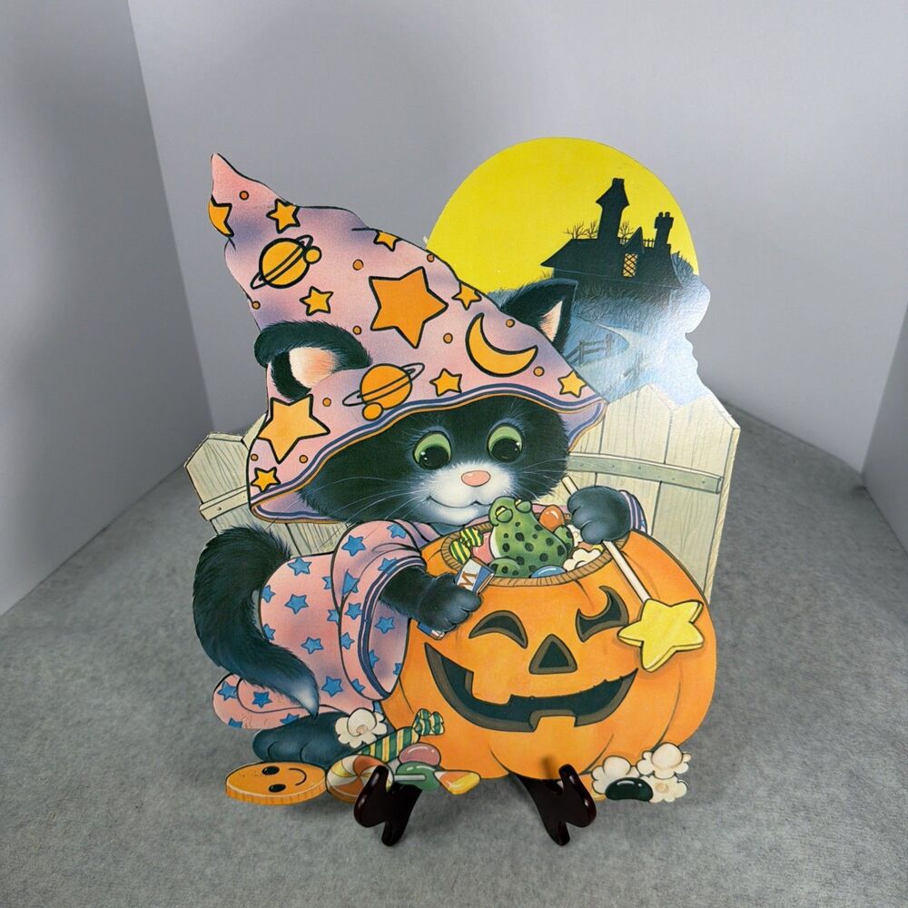 Vintage Black Cat and Pumpkin Halloween Die- Cut Our Decoration 1980 12x9